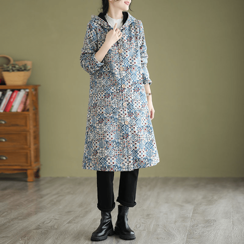 Women’s Trench Coat – Loose Fit – A - Line Silhouette – Hooded – Geometric Pattern - Nalani - UK Fashion Clothing and Decor