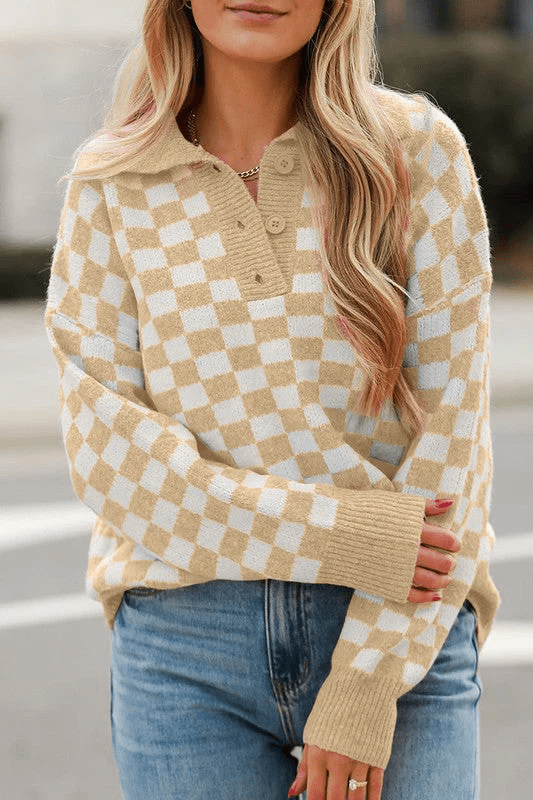 Women’s V - Neck Sweater – Wool Knit – Relaxed Fit – Checkered Pattern – Button Neckline - Nalani - UK Fashion Clothing and Decor