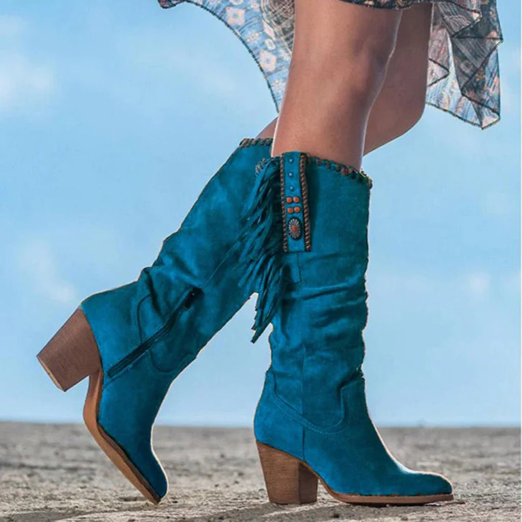 Women's Western Knee High Boots Fringe Stud Side Zip Block Heel - Nalani - UK Fashion Clothing and Decor