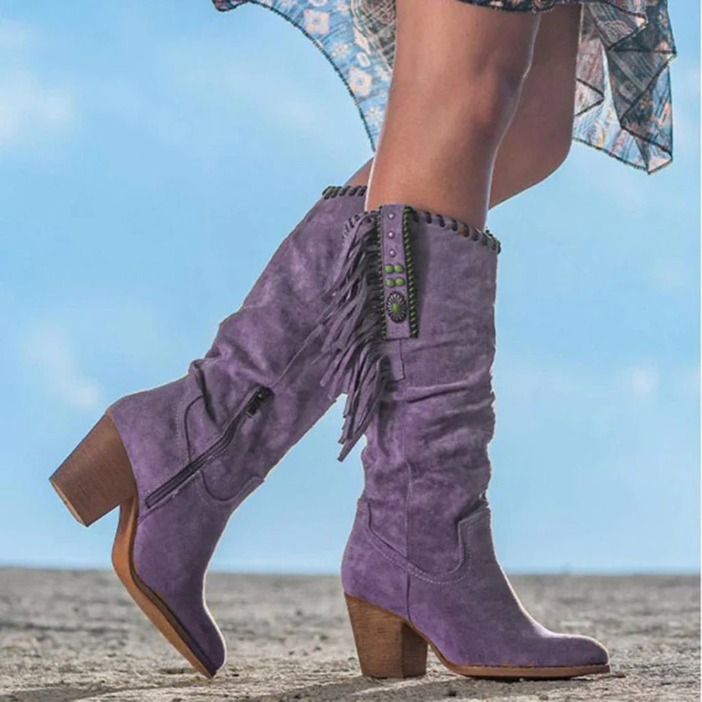 Women's Western Knee High Boots Fringe Stud Side Zip Block Heel - Nalani - UK Fashion Clothing and Decor