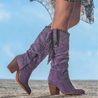 Women's Western Knee High Boots Fringe Stud Side Zip Block Heel - Nalani - UK Fashion Clothing and Decor