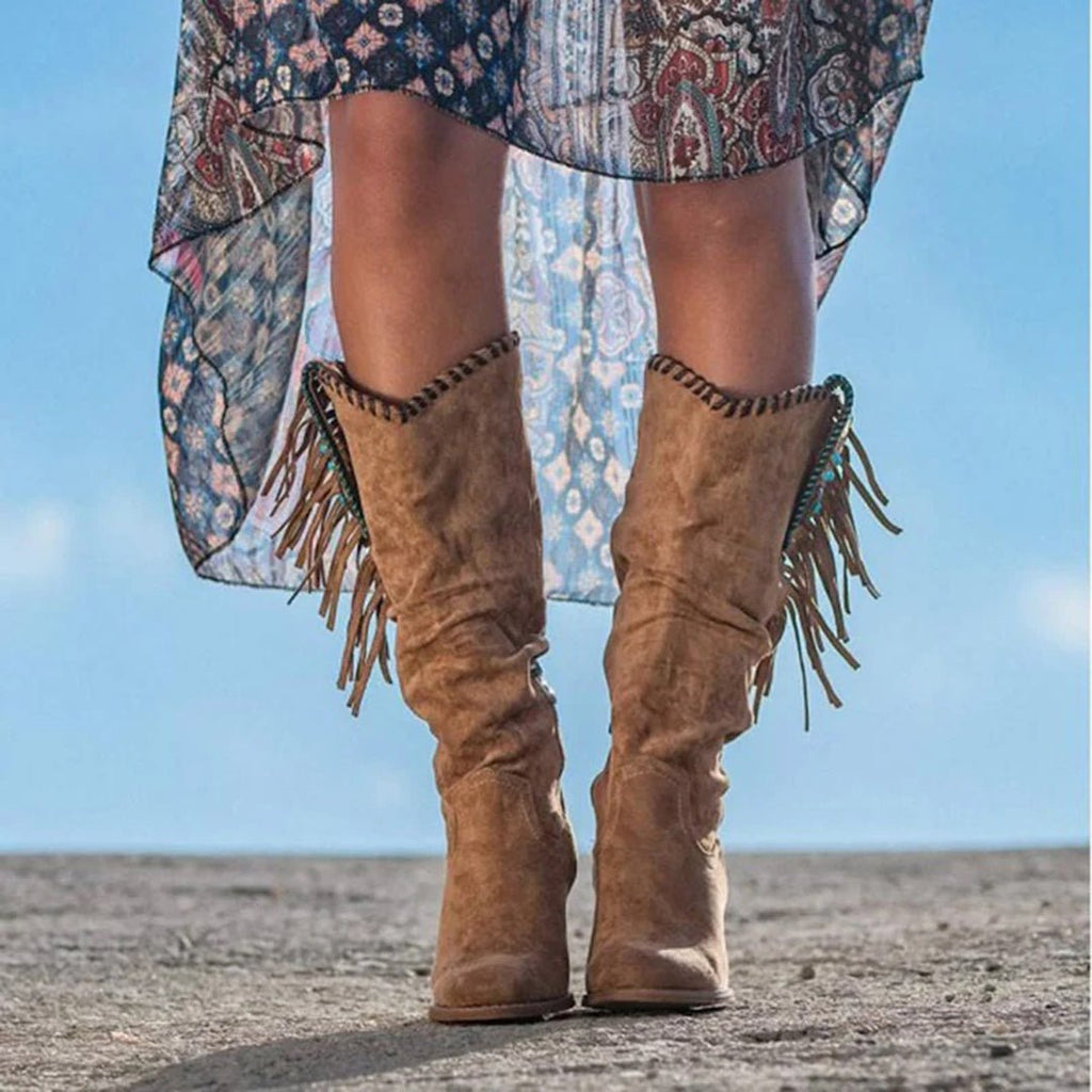 Women's Western Knee High Boots Fringe Stud Side Zip Block Heel - Nalani - UK Fashion Clothing and Decor
