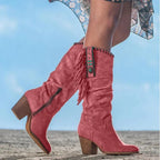 Women's Western Knee High Boots Fringe Stud Side Zip Block Heel - Nalani - UK Fashion Clothing and Decor