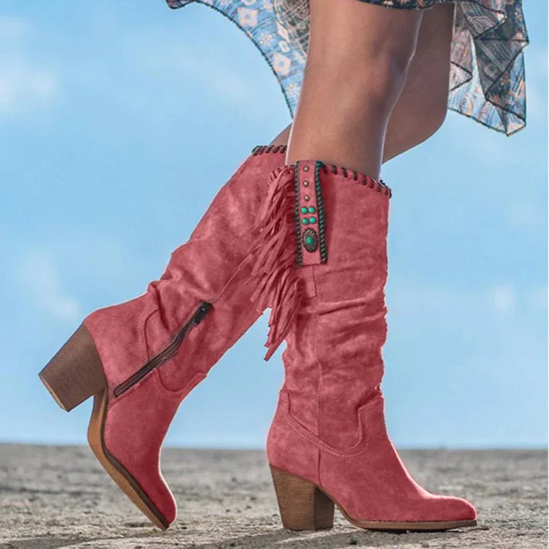 Women's Western Knee High Boots Fringe Stud Side Zip Block Heel - Nalani - UK Fashion Clothing and Decor