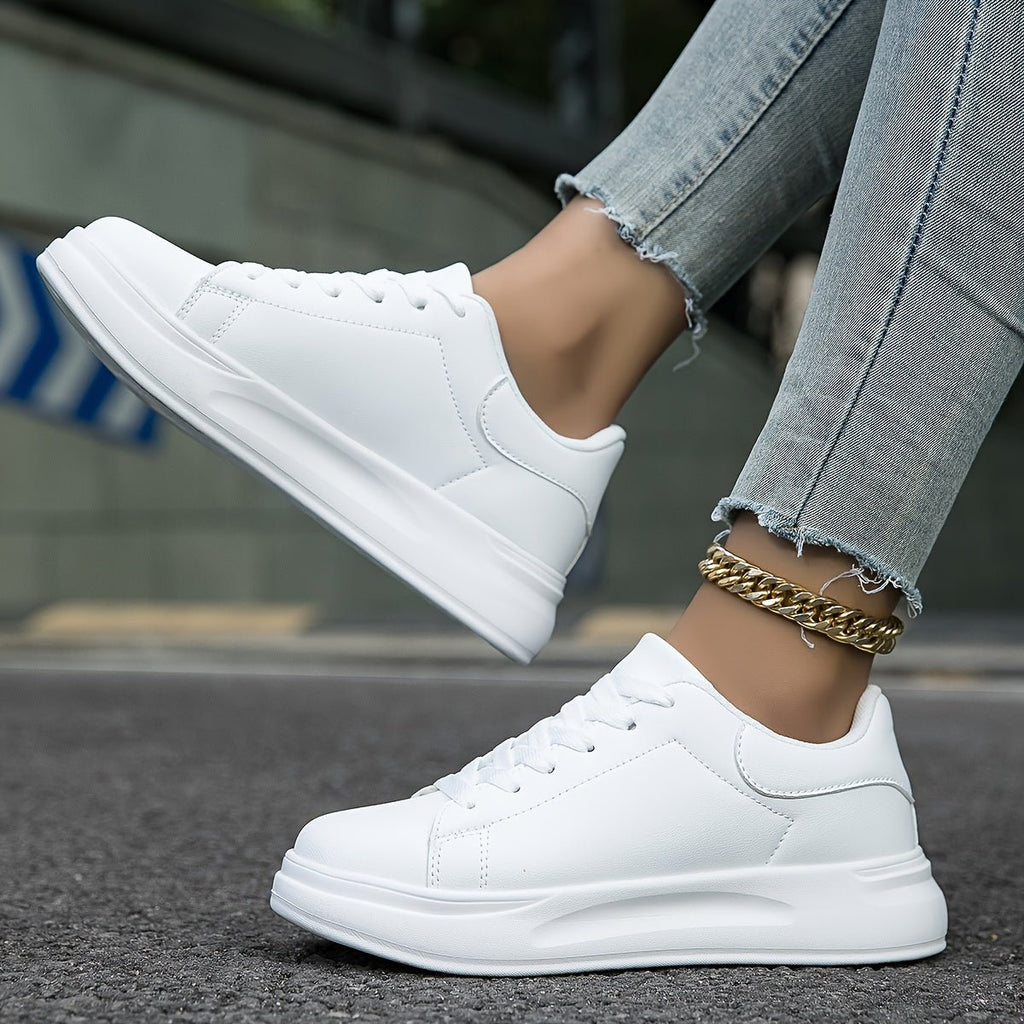 Women's White Lace-Up Trainers With Thick Sole For Daily Wear - Nalani - Fashion Clothing and Decor