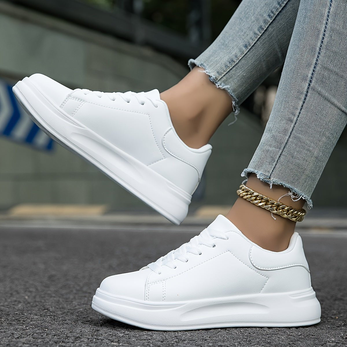 Women's White Lace-Up Trainers With Thick Sole For Daily Wear - Nalani - Fashion Clothing and Decor