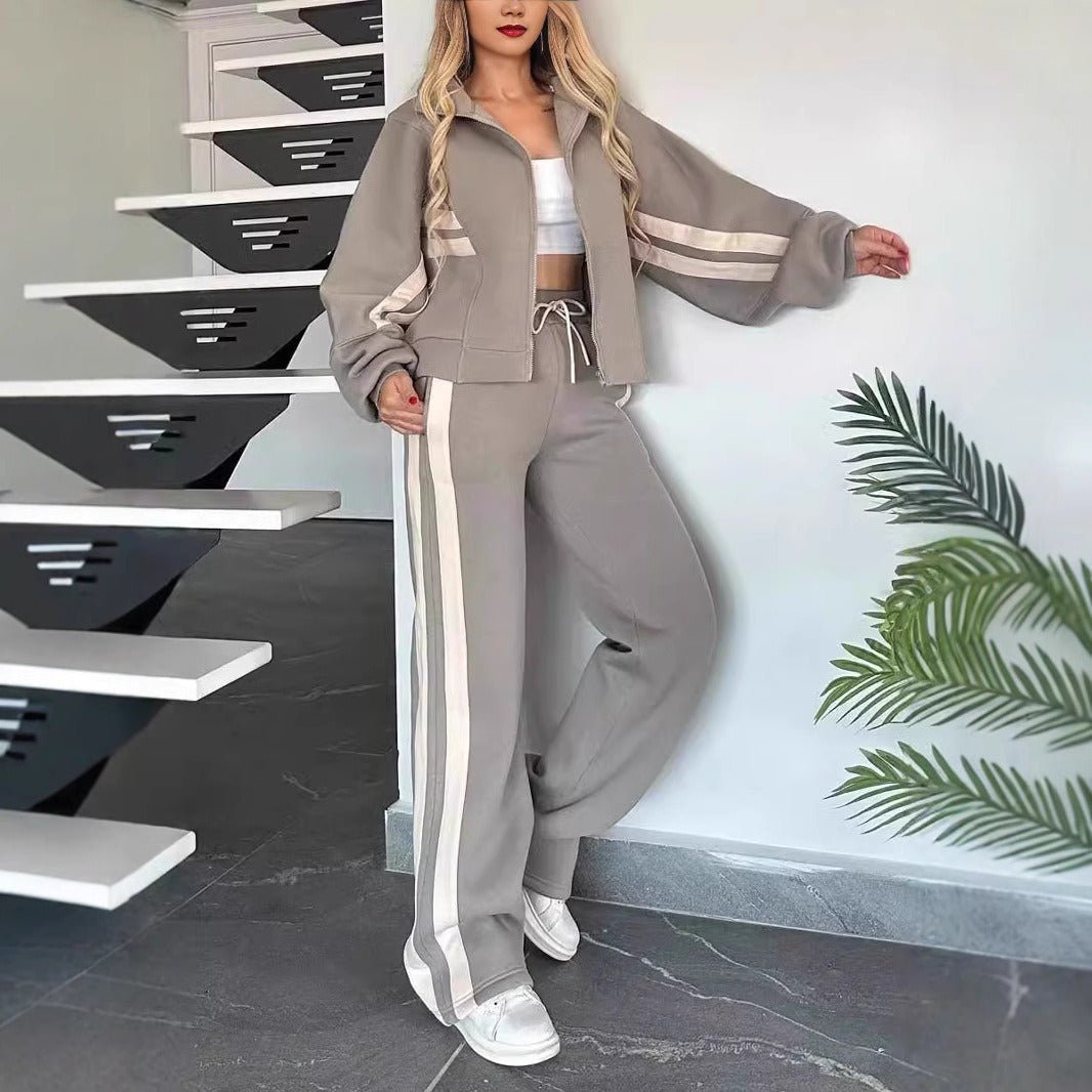 Women’s Zip Jacket And Pants Set | Two-Piece Modern Athletic Outfit With Stripe Detailing For A Sleek Look - Nalani - Fashion Clothing and Decor