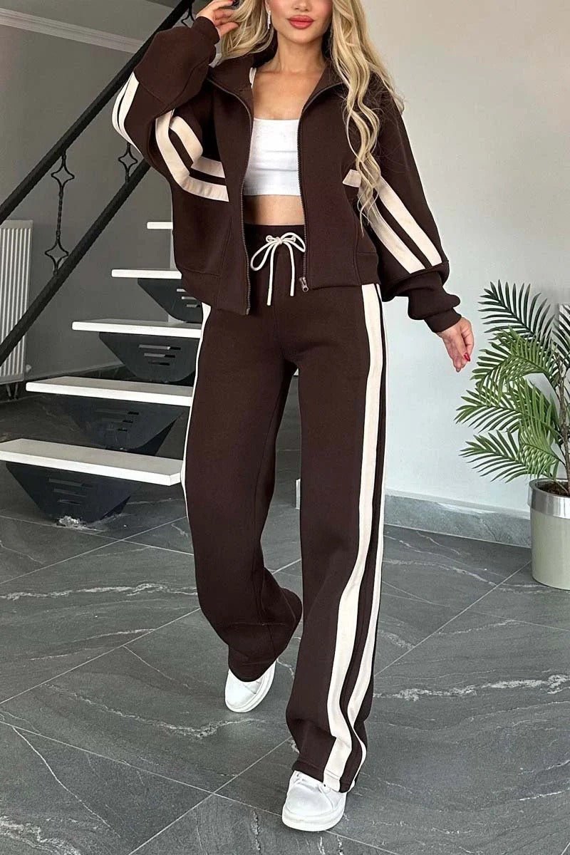 Women’s Zip Jacket And Pants Set | Two-Piece Modern Athletic Outfit With Stripe Detailing For A Sleek Look - Nalani - Fashion Clothing and Decor