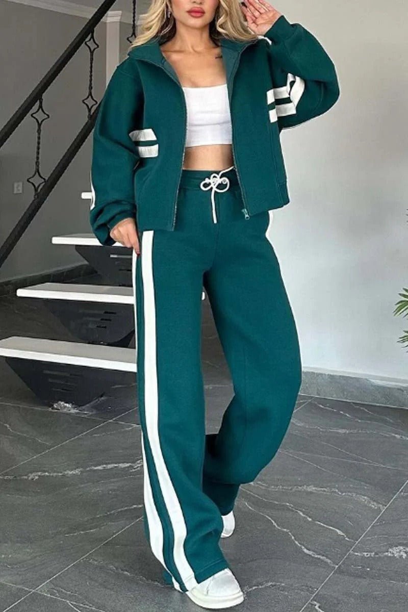 Women’s Zip Jacket And Pants Set | Two-Piece Modern Athletic Outfit With Stripe Detailing For A Sleek Look - Nalani - Fashion Clothing and Decor