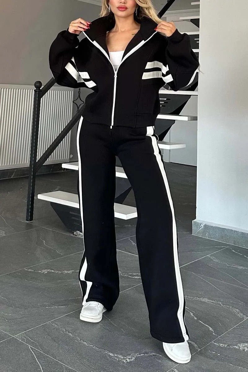 Women’s Zip Jacket And Pants Set | Two-Piece Modern Athletic Outfit With Stripe Detailing For A Sleek Look - Nalani - Fashion Clothing and Decor