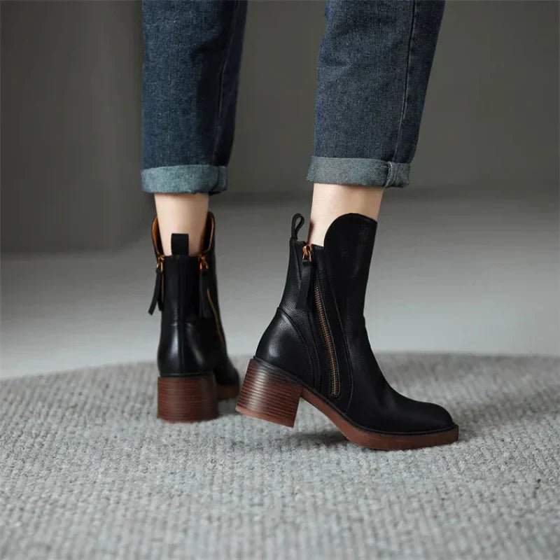 Women's Zip Up Ankle Boots With Block Heel And Side Zipper - Nalani - UK Fashion Clothing and Decor