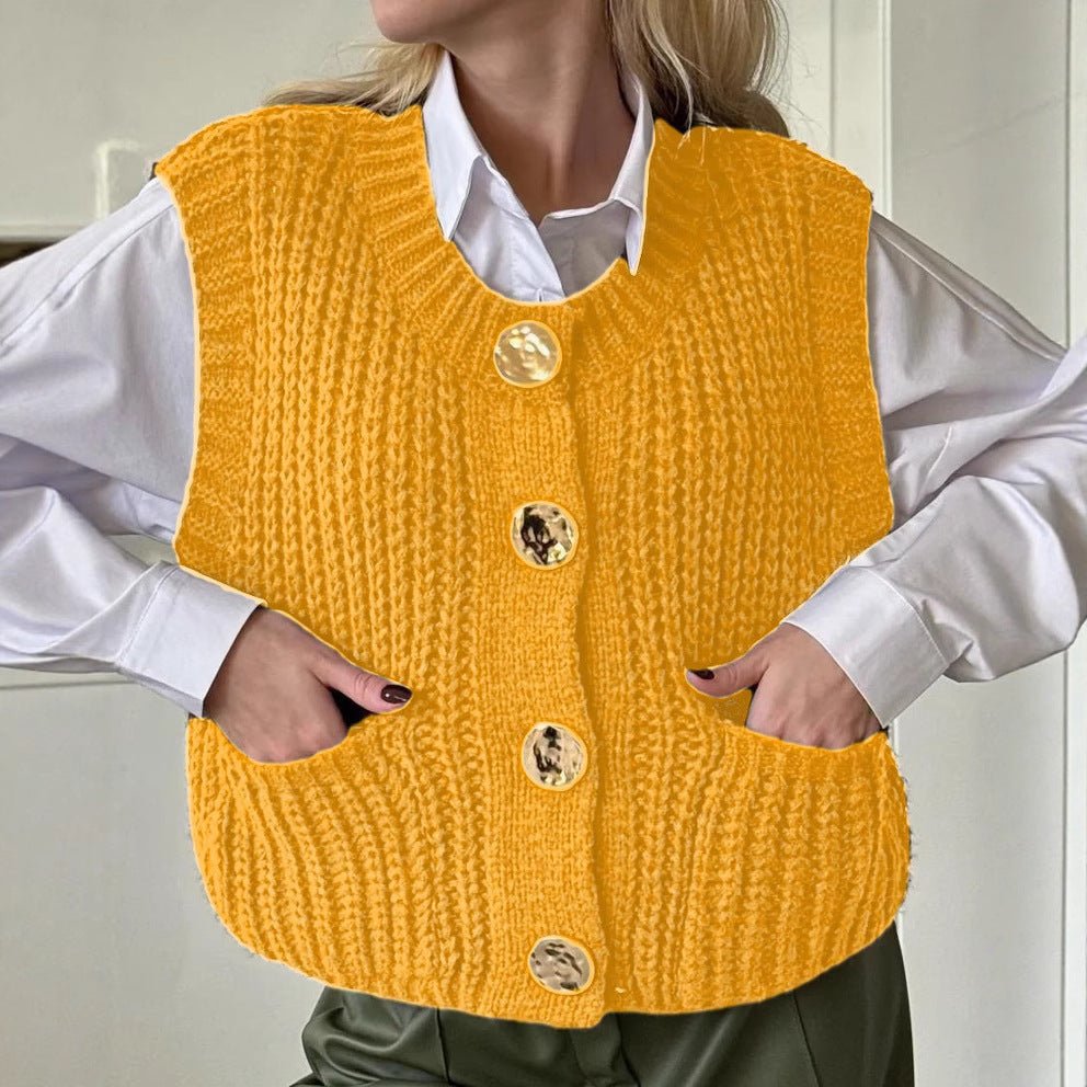 Wool Blend Knitted Vest for Women Oversized Button Front Pockets - Nalani - UK Fashion Clothing and Decor