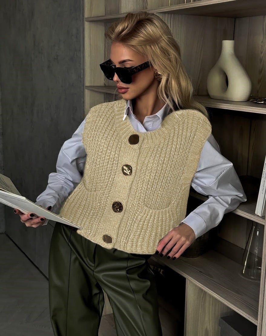 Wool Blend Knitted Vest for Women Oversized Button Front Pockets - Nalani - UK Fashion Clothing and Decor