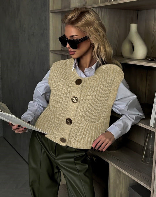 Wool Blend Knitted Vest for Women Oversized Button Front Pockets - Nalani - UK Fashion Clothing and Decor