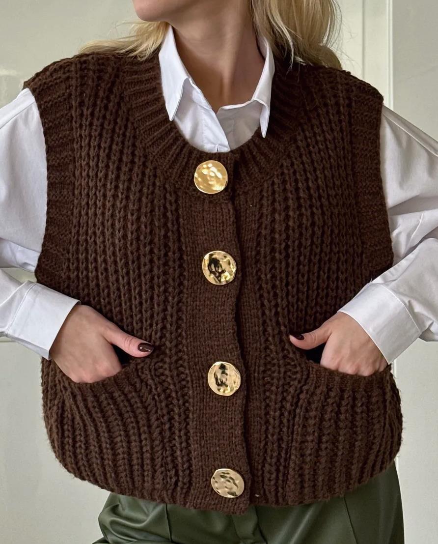 Wool Blend Knitted Vest for Women Oversized Button Front Pockets - Nalani - UK Fashion Clothing and Decor