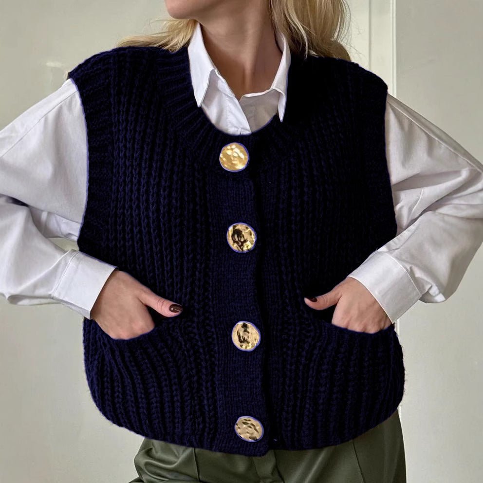 Wool Blend Knitted Vest for Women Oversized Button Front Pockets - Nalani - UK Fashion Clothing and Decor