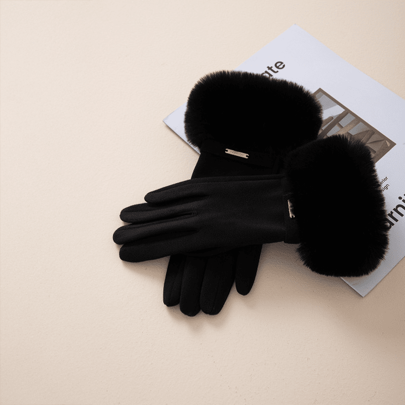 Wrist Length Fur Trim Gloves With Metal Detail For Women - Nalani - UK Fashion Clothing and Decor