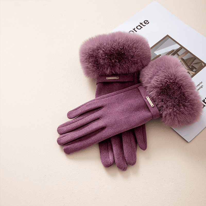 Wrist Length Fur Trim Gloves With Metal Detail For Women - Nalani - UK Fashion Clothing and Decor