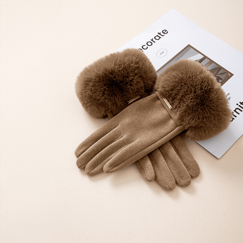 Wrist Length Fur Trim Gloves With Metal Detail For Women - Nalani - UK Fashion Clothing and Decor