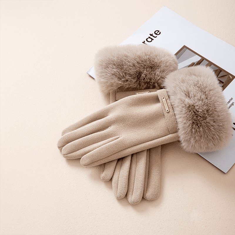 Wrist Length Fur Trim Gloves With Metal Detail For Women - Nalani - UK Fashion Clothing and Decor