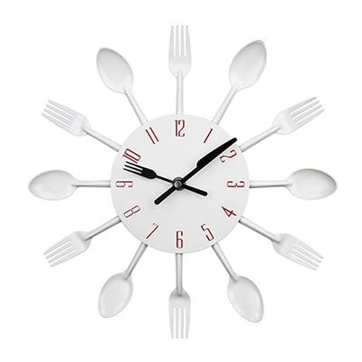 Cutlery Metal Kitchen Wall Clock - Spoon & Fork, Unique & Modern White NALANI