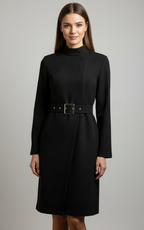 Black Nina asymmetric belted A-line midi dress by Lumina Vancouver, shown on a model, featuring a stylish waist belt and elegant silhouette.