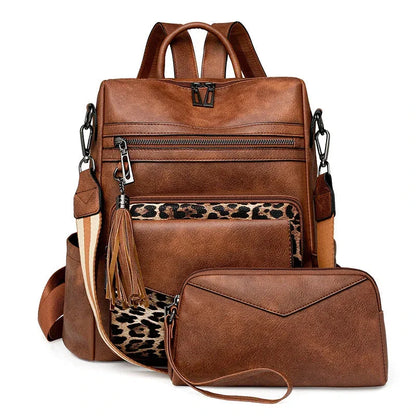 Vegan Leather Womens Backpack With Gift Bag Padded Straps Brown With Leopard Print NALANI