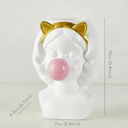 Cute Bubblegum Girl Ceramic Face Vase for Whimsical Home Decor White with Cat Ears NALANI