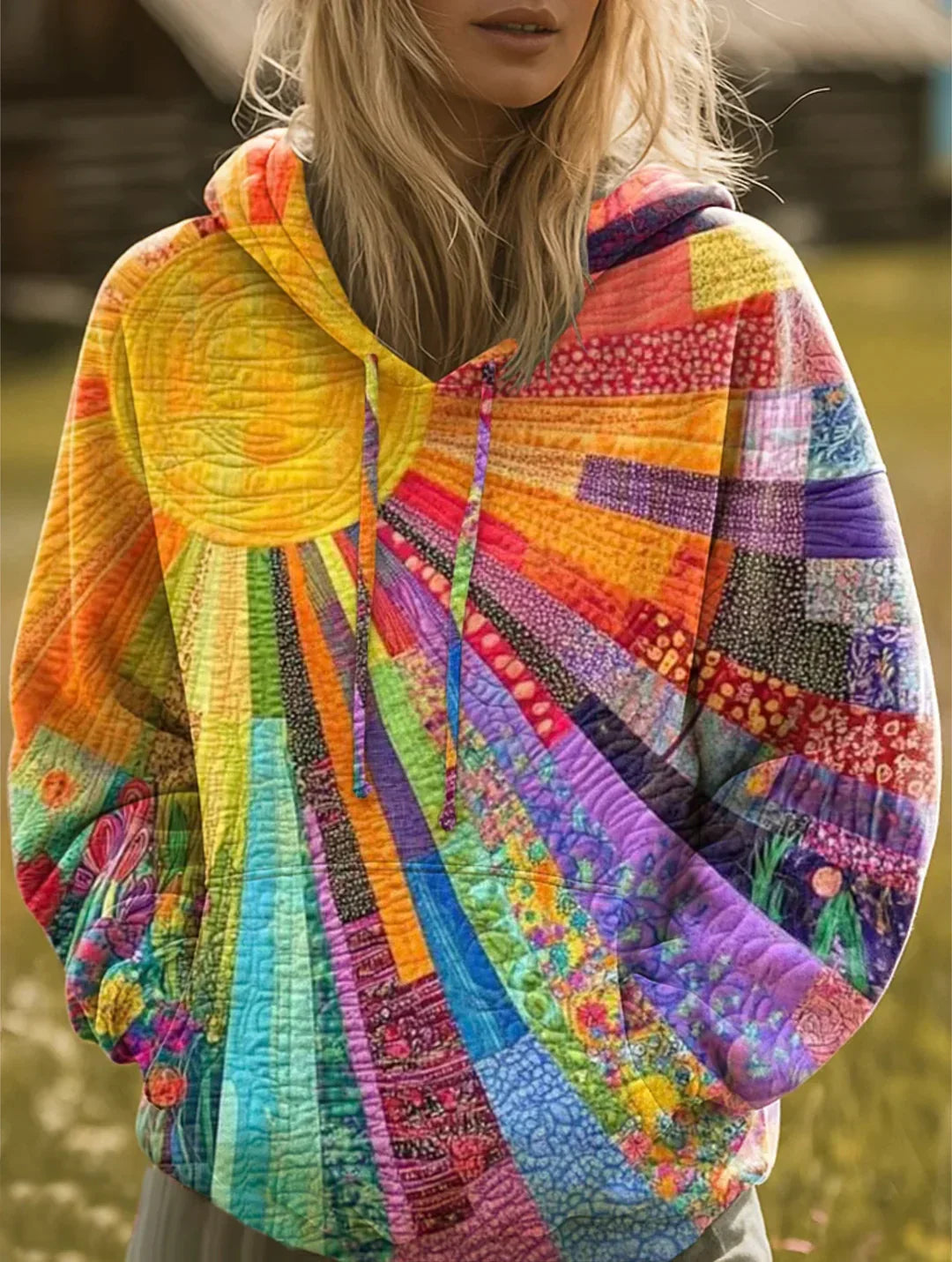 Mikina s kapucí Sunburst Patchwork – volnější střih přes hlavu s přední kapsou