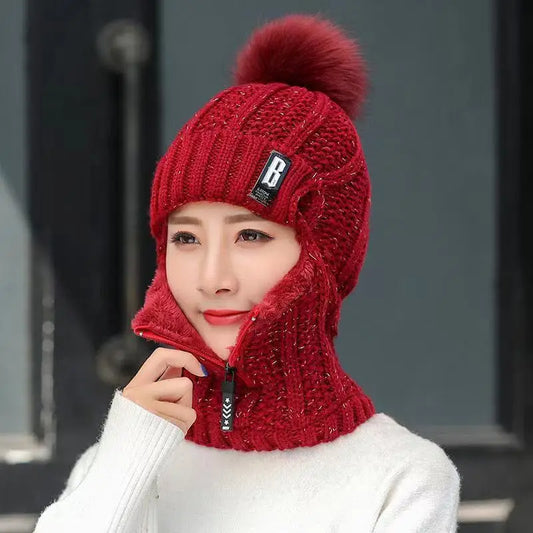 Cozy Knit Winter Beanie With Pom Pom For Cold Weather RED NALANI