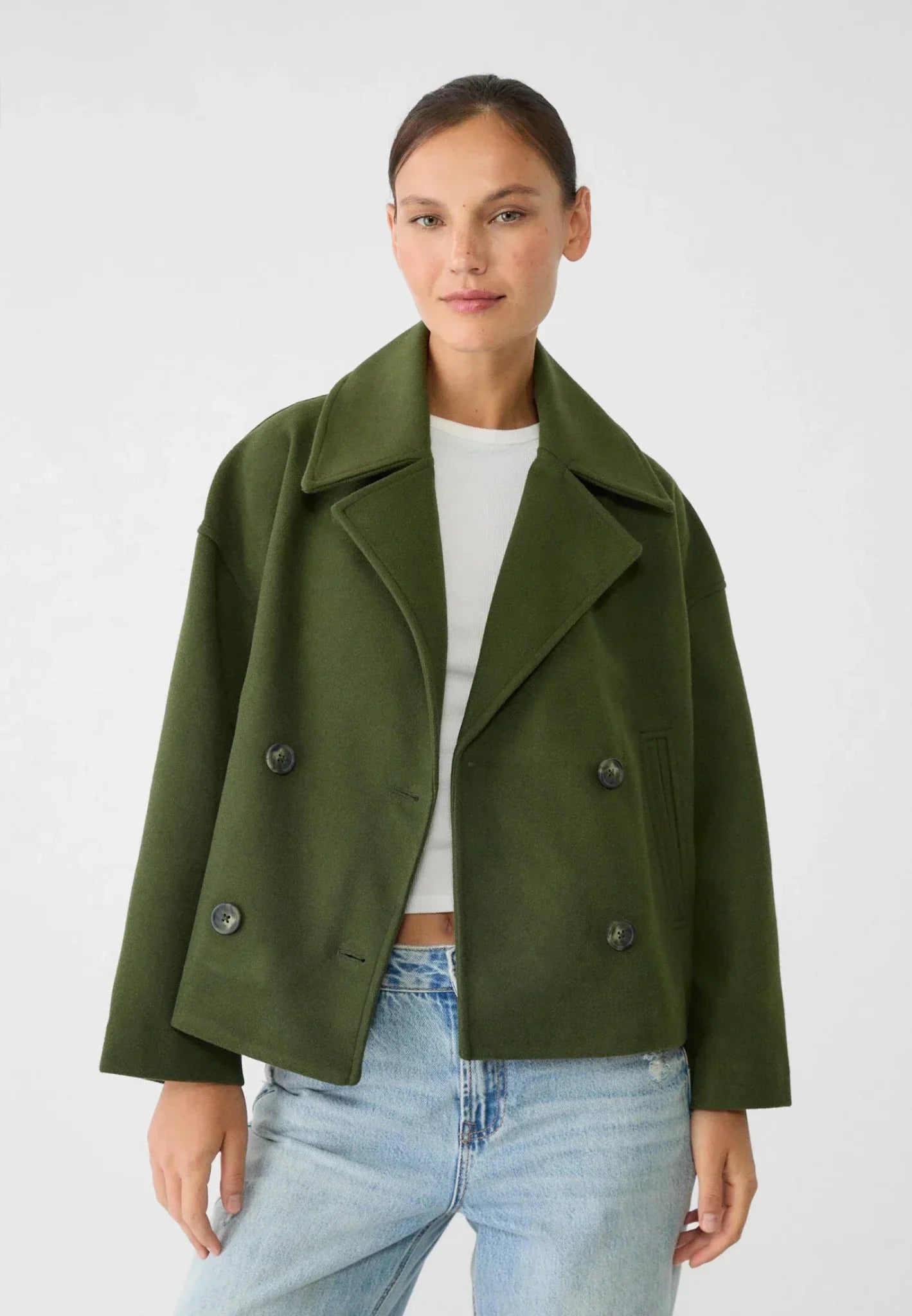 Women’s Double-Breasted Jacket – Wool-Look – Oversized Fit – Cropped Boxy Silhouette