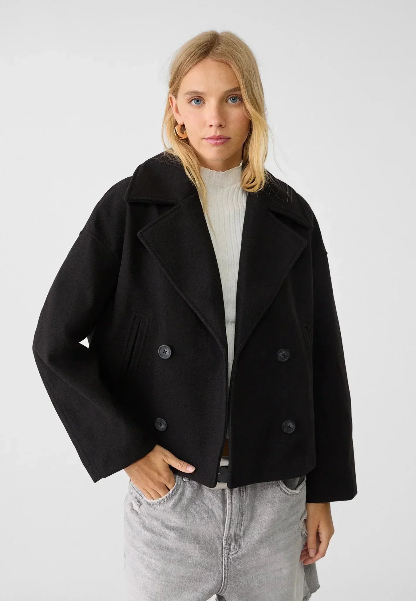 Women’s Double-Breasted Jacket – Wool-Look – Oversized Fit – Cropped Boxy Silhouette