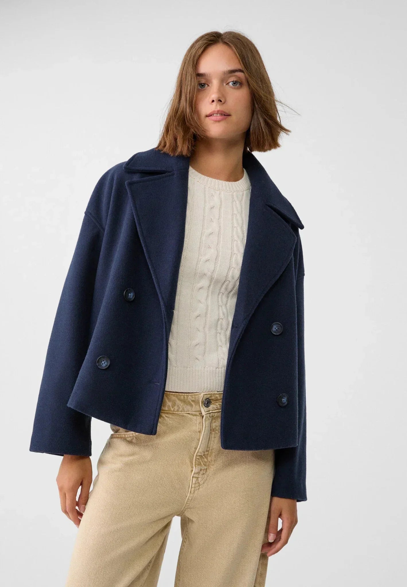 Women’s Double-Breasted Jacket – Wool-Look – Oversized Fit – Cropped Boxy Silhouette