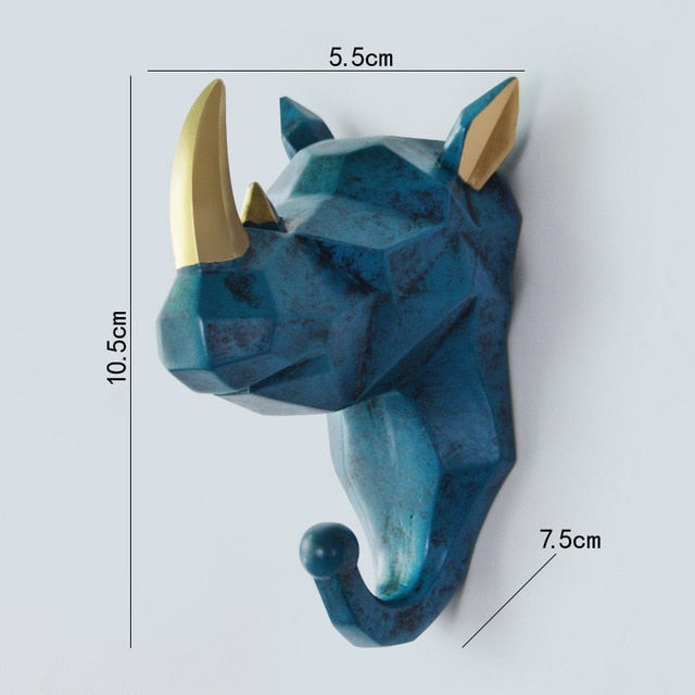 Geometric Wildlife Wall Hook for Unique Home Decor and Gifts Blue (Rhino) NaLani