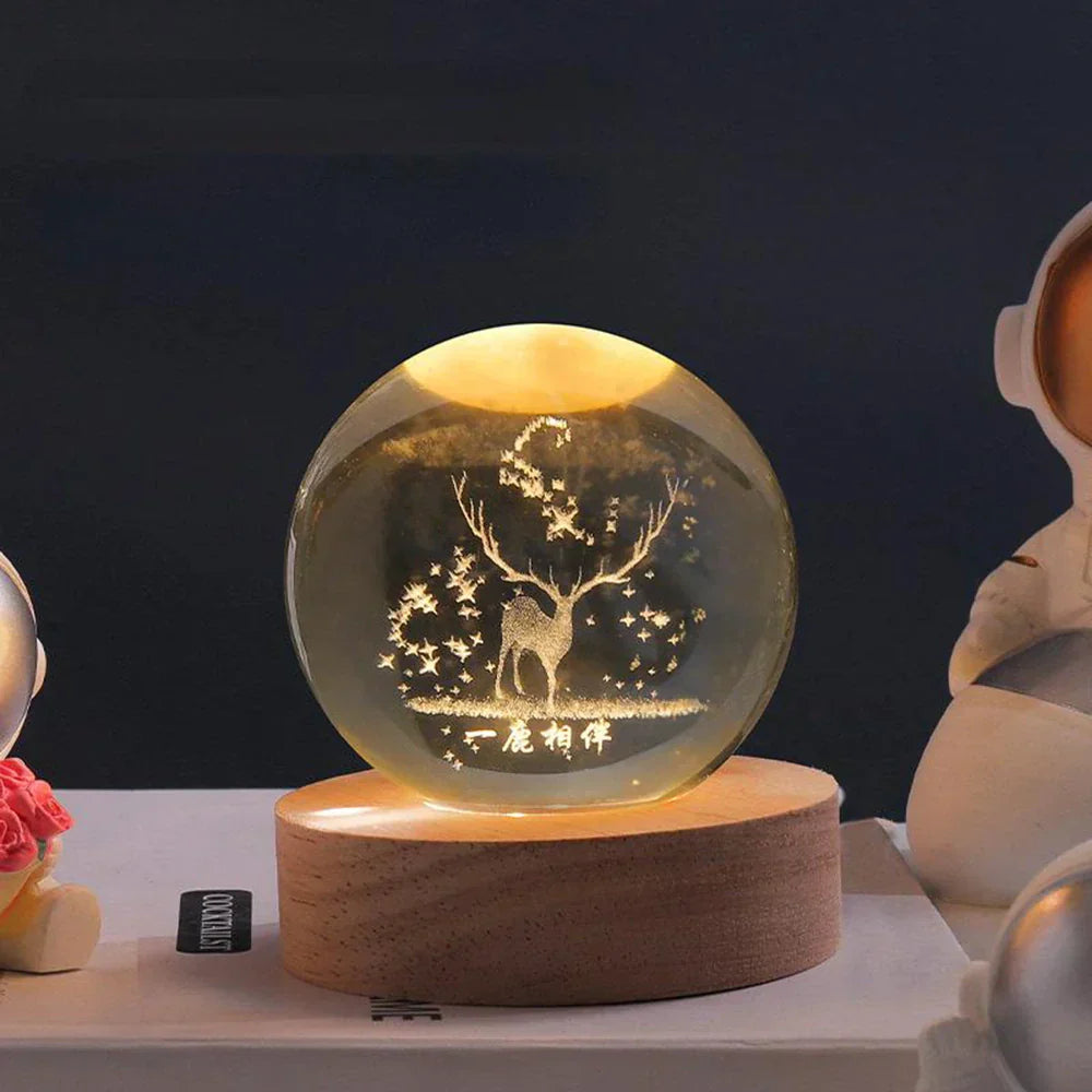 Velvòi | Luminous Crystal Ball Night Light with 3D Engraved Space Images Reindeer NALANI