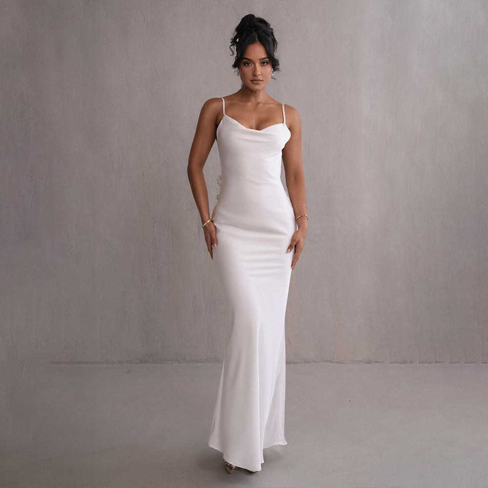 Norvia | Women's Evening Prom Gown Dress - Satin Floor-Length - Backless Floral Appliqué - Form-Fitting