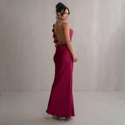 Norvia | Women's Evening Prom Gown Dress - Satin Floor-Length - Backless Floral Appliqué - Form-Fitting