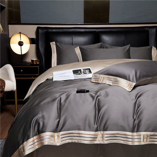 Embroidered Satin Cotton Bedding Set 4 Piece Comfortable Gray NALANI